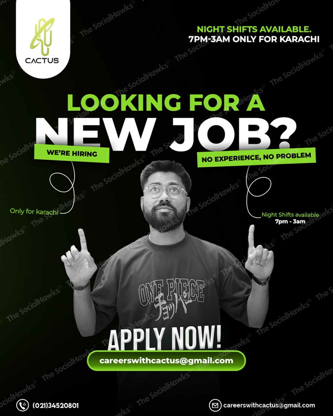 Cactus BPO hiring ad with man pointing up on dark background for night shift jobs